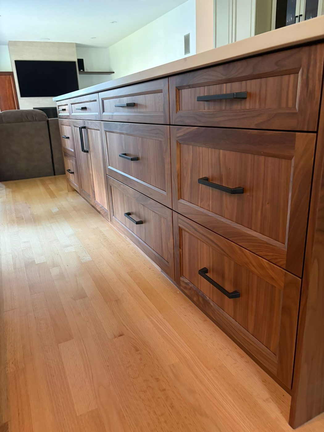 Walnut kitchen island drawer detail black hardware Regina SK